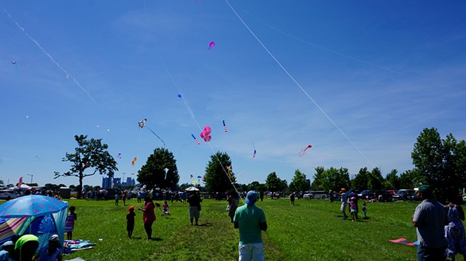 Kites flying over Detroit's Belle Isle.