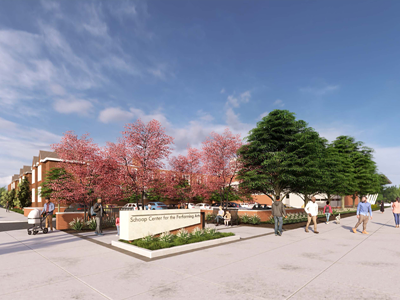 Rendering of the proposed A. Paul and Carol C. Schaap Center for the Performing Arts at the border of Detroit and Grosse Pointe Park.