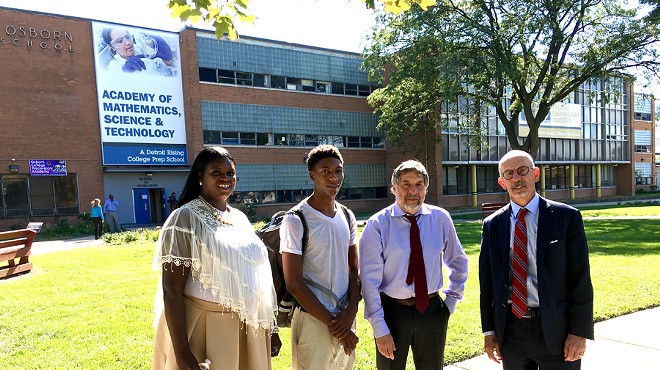 Left to right: Osborn college adviser Andrea Jackson, Jamarria Hall, Public Counsel’s Mark Rosenbaum, and co-counsel Mike Kelley in front of Osborn High School.