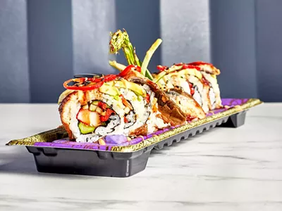 The Whatuproll! by Sushi Lounge includes fried crab, cucumber, roasted red pepper, asparagus, avocado, and Fresno chili.