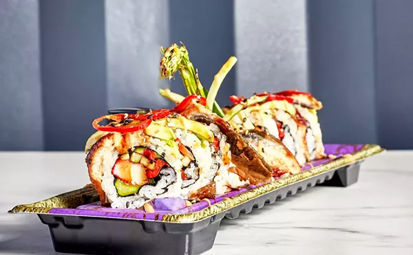 The Whatuproll! by Sushi Lounge includes fried crab, cucumber, roasted red pepper, asparagus, avocado, and Fresno chili.
