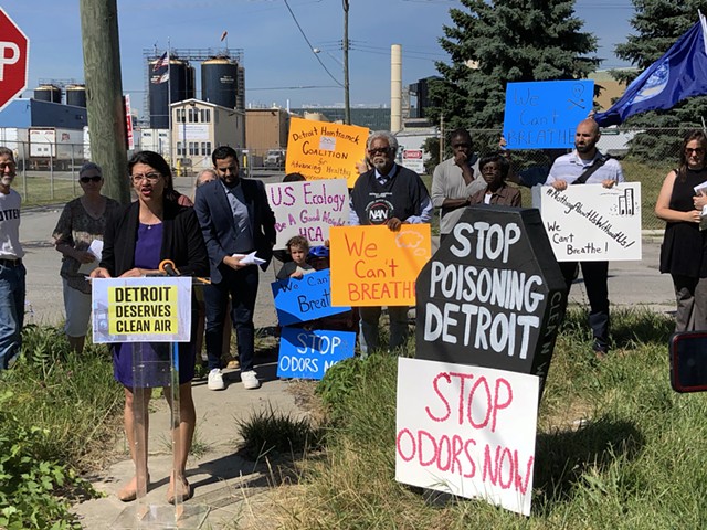 U.S. Rep. Rashida Tlaib speaks at a news conference outside U.S. Ecology in Detroit.