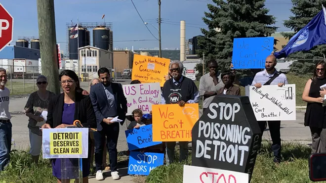 U.S. Rep. Rashida Tlaib speaks at a news conference outside U.S. Ecology in Detroit.