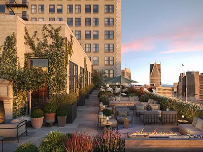 A rendering of Kamper’s, a 14th-floor rooftop bar planned for Detroit’s renovated Book Tower.