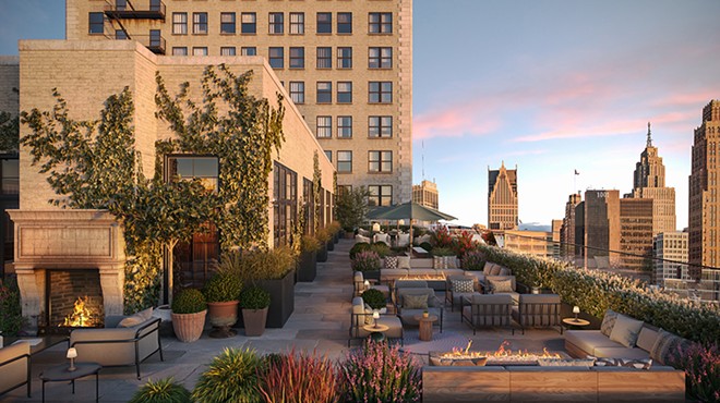 A rendering of Kamper’s, a 14th-floor rooftop bar planned for Detroit’s renovated Book Tower.