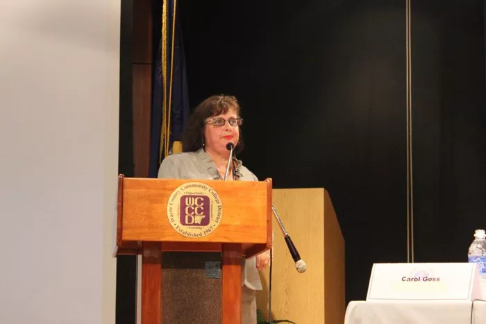 EAA Deputy Chancellor Mary Esselman presents recent test results to the EAA board at last week’s meeting. - Photo courtesy James Hendrickson/ACLU of Michigan