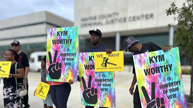 Protesters called on Wayne County Prosecutor Kym Worthy to investigate all cases handled by retired Detroit Detective Barbara Simon, who was featured in a two-part Metro Times series.