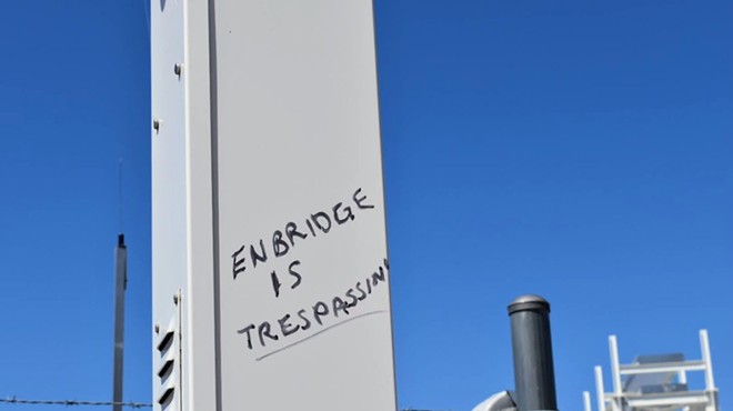 Anti-Line 5 graffiti at Enbridge’s pumping station in Mackinaw City, Mich., May 12, 2021.
