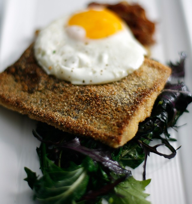 Fox River Breakfast: Sauteed rainbow trout, pork confit hash, and a sunny-side-up egg. - Rob Widdis