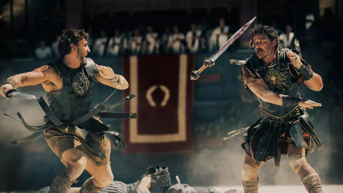 Image: Paul Mescal plays Lucius and Pedro Pascal plays Marcus Acacius in Gladiator II.