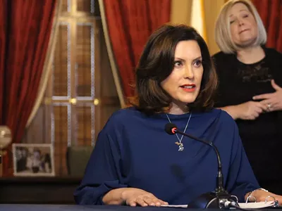 Gov. Gretchen Whitmer at past press conference.