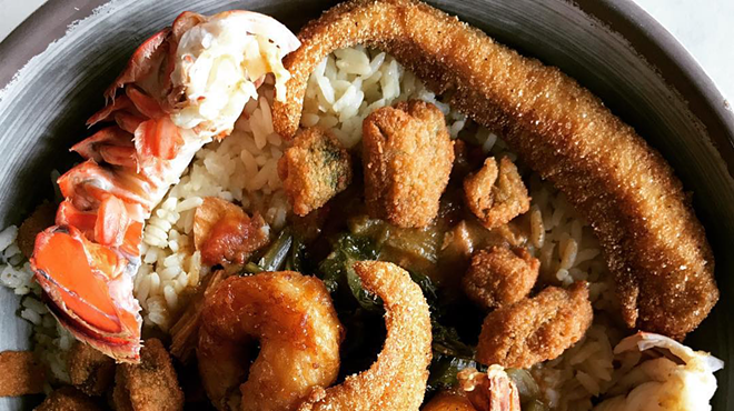 Everything but the Kitchen Sink: Lobster, shrimp, catfish, gumbo, rice, collards, and fried okra.