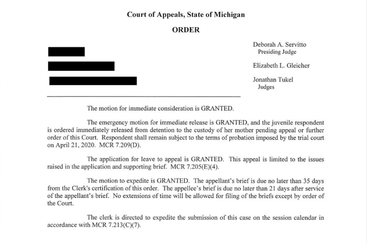 The court order granting Grace’s immediate release.