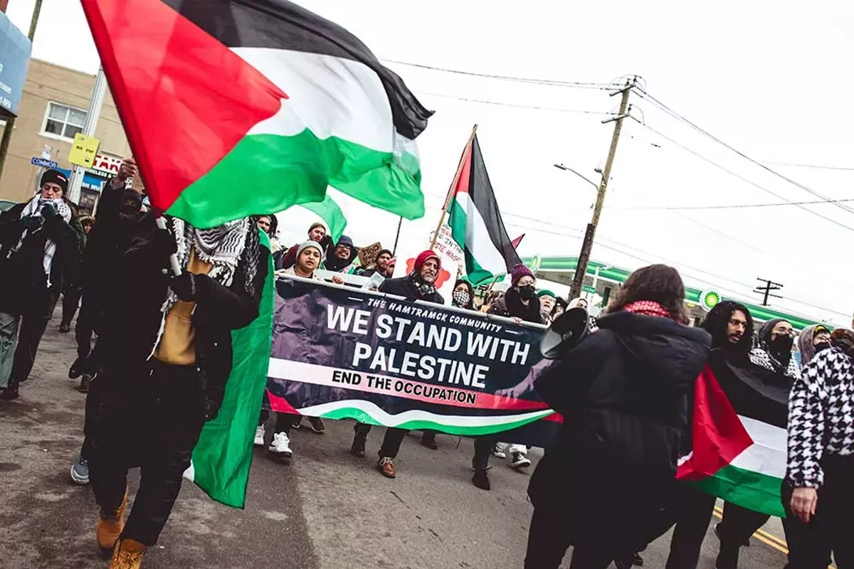 Image: Protesters march in solidarity with Palestine in Hamtramck.