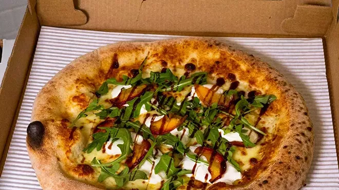 A seasonal Peaches N’ Burrata pizza from Hudson’s Place.