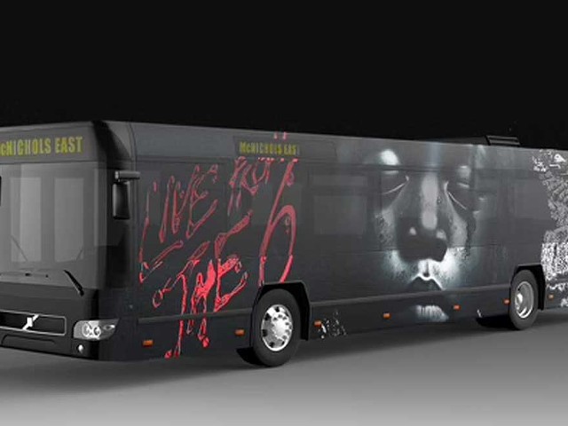 A rendering showing a Detroit bus wrapped in a promotional ad for Icewear Vezzo’s new album, Live from the 6.