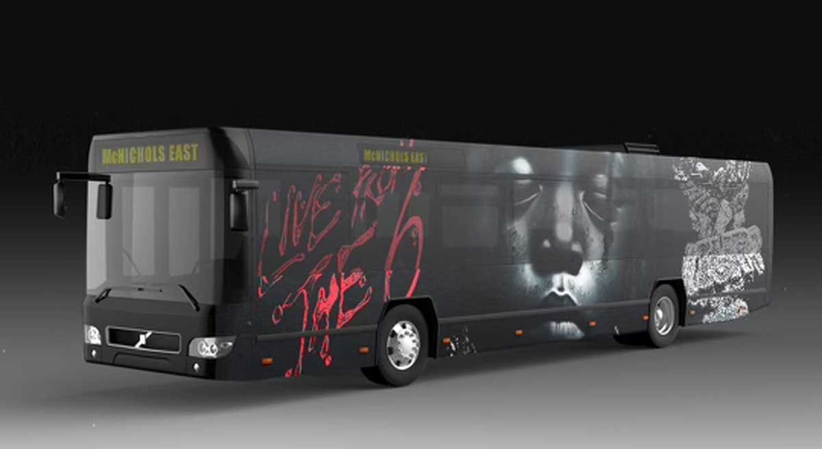 A rendering showing a Detroit bus wrapped in a promotional ad for Icewear Vezzo’s new album, Live from the 6.