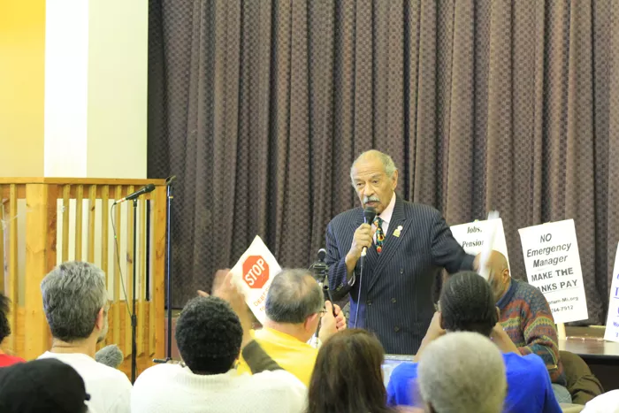John Conyers speaks at a town hall meeting Sunday, March 2 regarding an alternative proposal to Detroit Emergency Manager Kevyn Orr’s required bankruptcy-exit plan. - PHOTO BY RYAN FELTON.