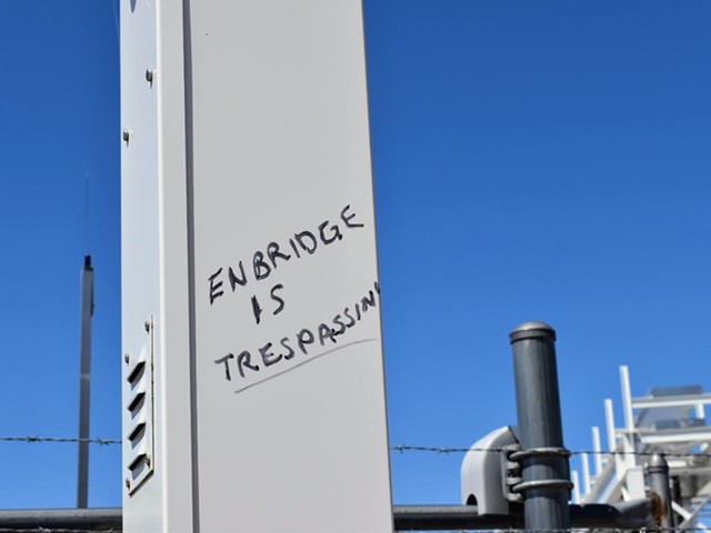 Anti-Line 5 graffiti at Enbridge’s pumping station in Mackinaw City, May 12, 2021.
