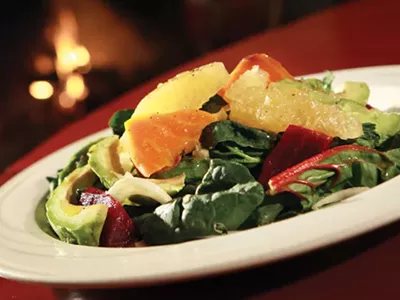 Roasted beet salad, with avocado, shaved fennel, orange segments, greens with red wine and honey vinaigrette from St. CeCe's Pub in Detroit.