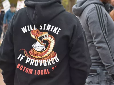 Striking Kellogg union workers and their supporters rally across from the Kellogg headquarters in Battle Creek, Oct. 27, 2021.