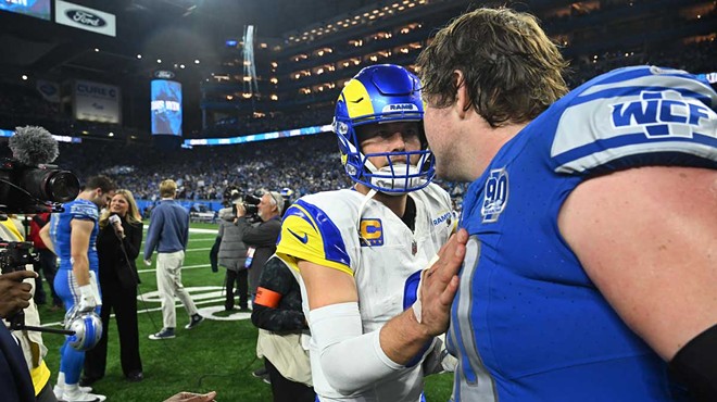 Los Angeles Rams QB Matthew Stafford congratulates Detroit Lions guard Graham Glasgow while walking off the field following the game between Los Angeles Rams and Detroit Lions on Jan. 14 at Ford Field.
