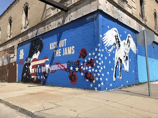A mural of Wayne Kramer and the MC5 on Detroit's former Grande Ballroom, where the band recorded its landmark Kick Out the Jams.