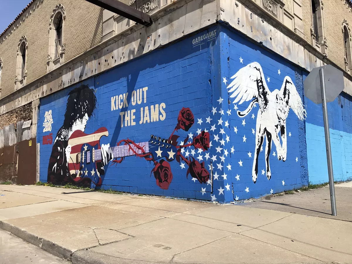 Image: A mural of Wayne Kramer and the MC5 on Detroit's former Grande Ballroom, where the band recorded its landmark Kick Out the Jams.