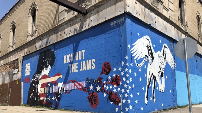 A mural of Wayne Kramer and the MC5 on Detroit's former Grande Ballroom, where the band recorded its landmark Kick Out the Jams.
