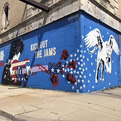 A mural of Wayne Kramer and the MC5 on Detroit's former Grande Ballroom, where the band recorded its landmark Kick Out the Jams.