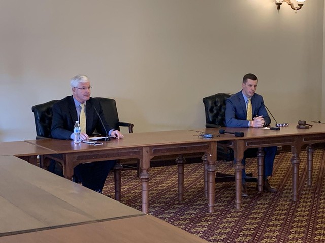 House Speaker Lee Chatfield and Senate Majority Leader Mike Shirkey announced a lawsuit challenging Gov. Gretchen Whitmer's emergency orders on May 6 at the Capitol.