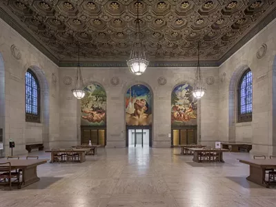 The grand reading room in the Detroit Public Library Main branch.