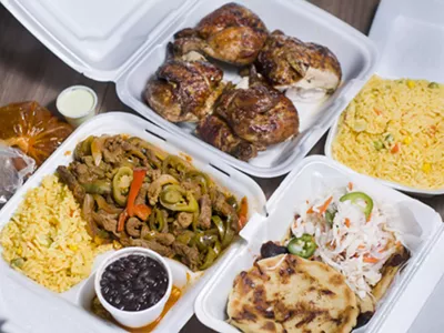 From top, counterclockwise: Rotisserie chicken, carne al jalapeño, pupusas.