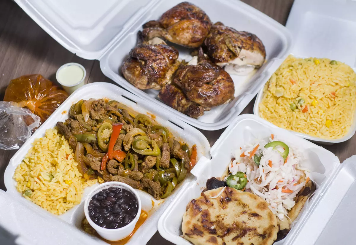 Image: From top, counterclockwise: Rotisserie chicken, carne al jalapeño, pupusas.