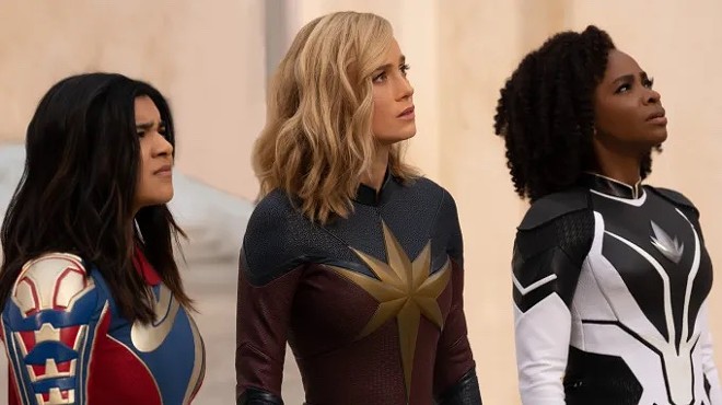 Iman Vellani as Ms. Marvel, Brie Larson as Captain Marvel, and Teyonah Parris as Captain Monica Rambeau in The Marvels.