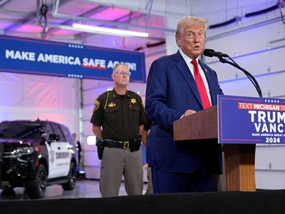 Republican presidential nominee former President Donald Trump speaks on crime and safety during a campaign event at the Livingston County Sheriff's Office, on Tuesday, Aug. 20, 2024, in Howell.