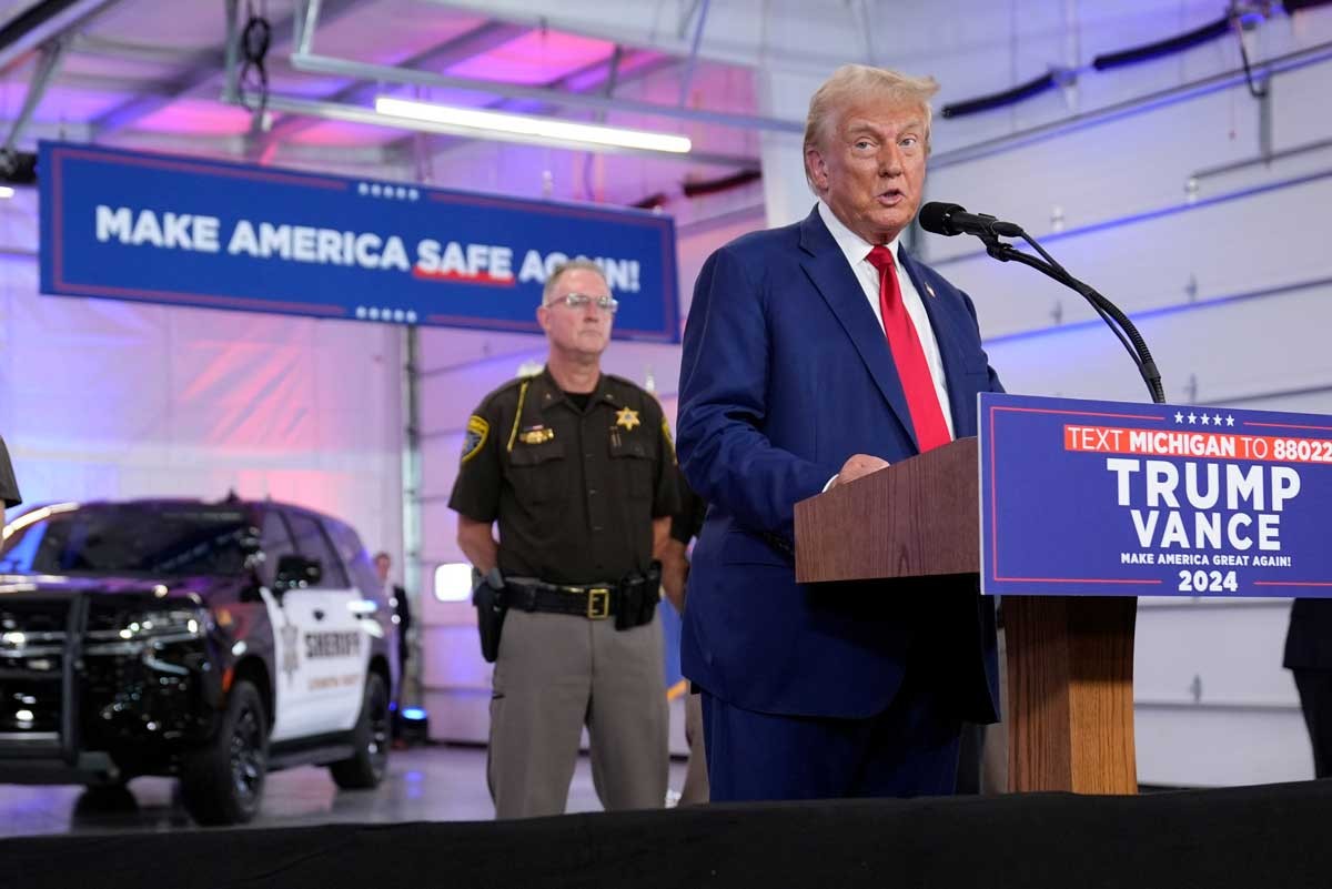 Republican presidential nominee former President Donald Trump speaks on crime and safety during a campaign event at the Livingston County Sheriff's Office, on Tuesday, Aug. 20, 2024, in Howell.