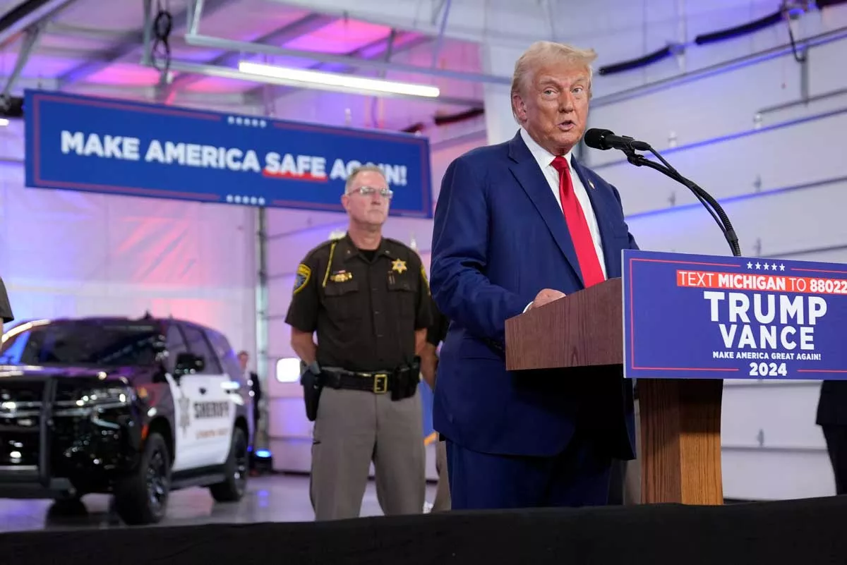 Image: Republican presidential nominee former President Donald Trump speaks on crime and safety during a campaign event at the Livingston County Sheriff's Office, on Tuesday, Aug. 20, 2024, in Howell.