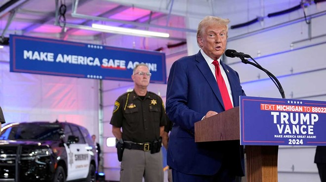 Republican presidential nominee former President Donald Trump speaks on crime and safety during a campaign event at the Livingston County Sheriff's Office, on Tuesday, Aug. 20, 2024, in Howell.