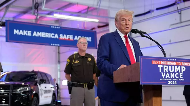 Republican presidential nominee former President Donald Trump speaks on crime and safety during a campaign event at the Livingston County Sheriff's Office, on Tuesday, Aug. 20, 2024, in Howell.