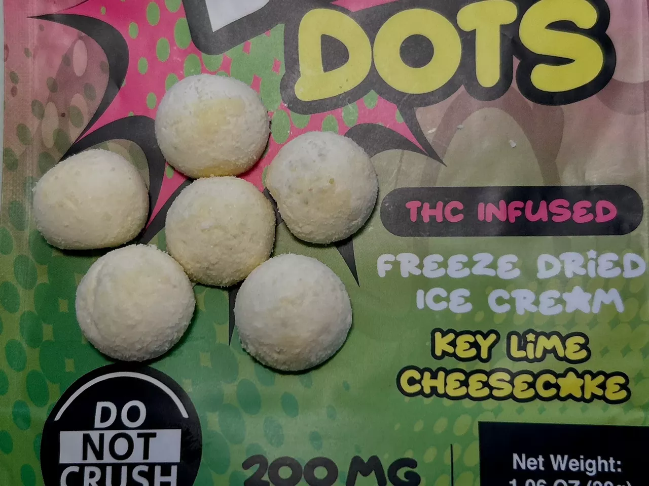 Hey! Captain's Dank Dots are freeze-dried ice cream bites. This is key lime cheesecake.