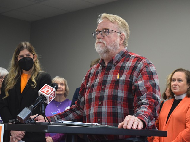 Jim Pedersen, a gun owner and hunter, advocates for gun reform at an End Gun Violence Michigan press conference on March 2, 2023.
