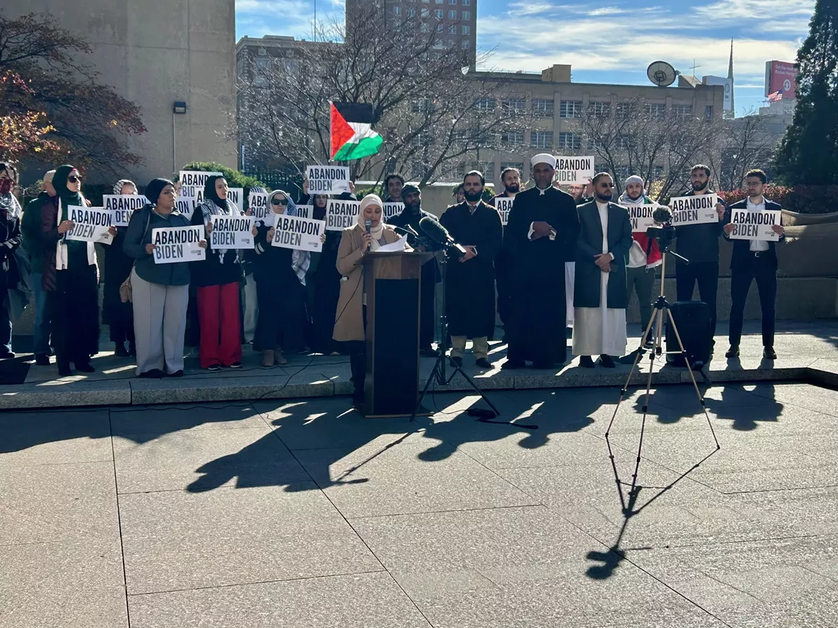 Image: Muslims and Palestinian Christians from metro Detroit pledged to oust President Biden at the polls for refusing to call on a ceasefire in Gaza.