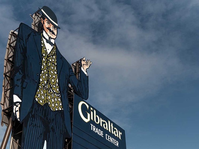 Pleasantrees commissioned Detroit Sign Painters in 2023 to repaint the iconic Gibraltar Man sign in a new blue suit to mark the building’s new era.