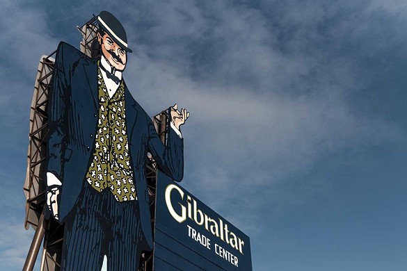 Pleasantrees commissioned Detroit Sign Painters in 2023 to repaint the iconic Gibraltar Man sign in a new blue suit to mark the building’s new era.