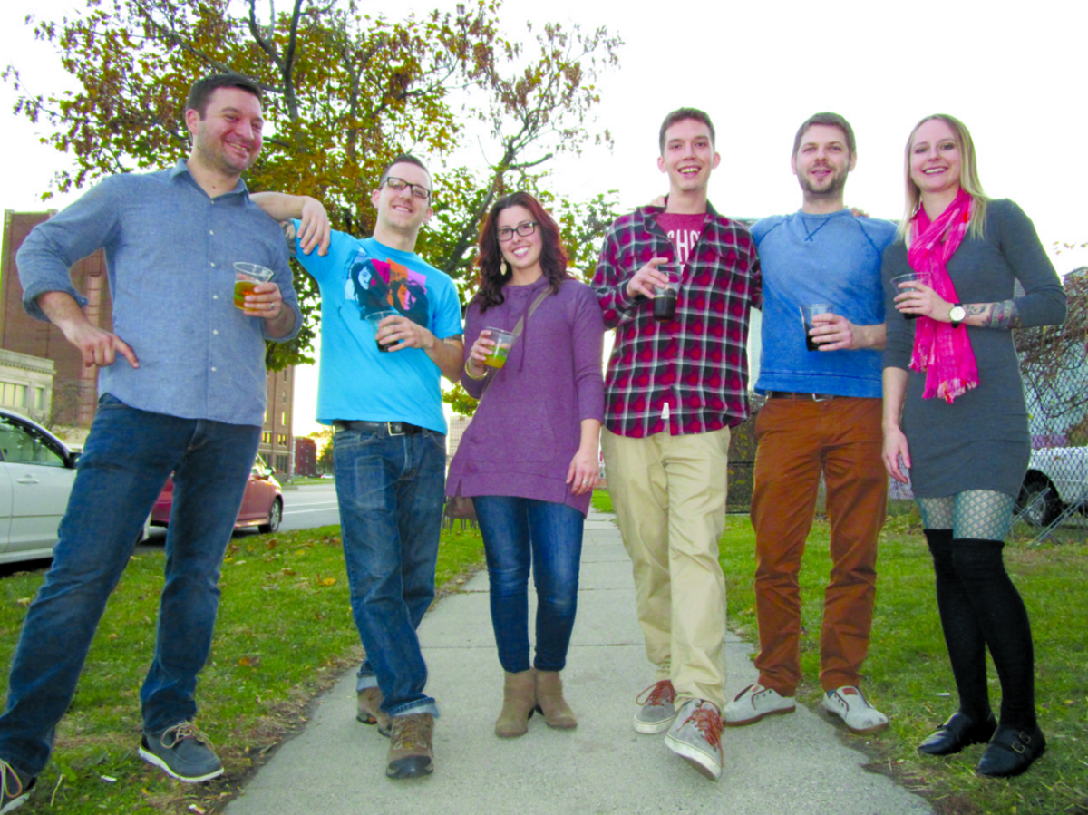 Image: Left to right: Andy Hollyday and James Rigato hang out with kitchen-mates Sam Stanisz of Mabel Gray, and Nyle Flynn, Nick Elswick, and Julia Kopystynski of Selden Standard at that restaurant’s first anniversary party.