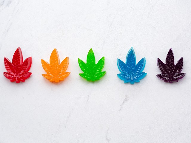 THC-infused gummies in the shape of a cannabis plant.