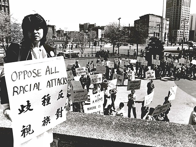 Helen Zia at a 1983 rally for Vincent Chin in Detroit.