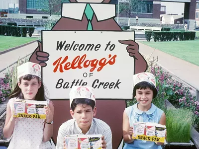 Author Gail Offen (right) conducting early research for the book while visiting Kellogg’s Headquarters in Battle Creek (circa 1967).