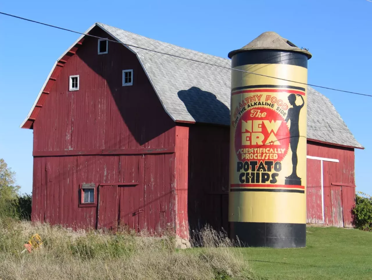 New Era "Painted silo advertisement for New Era Potato Chips, once Detroit’s best-known chip brand. Founded in 1930, early ads assured women they “could eat all they desired and not worry about their figures” -- So much for truth in advertising. As a child, fellow journalist Craig Piechura assumed their tagline “A healthy food on the alkaline side” meant they were favored by the famed Tiger right fielder."